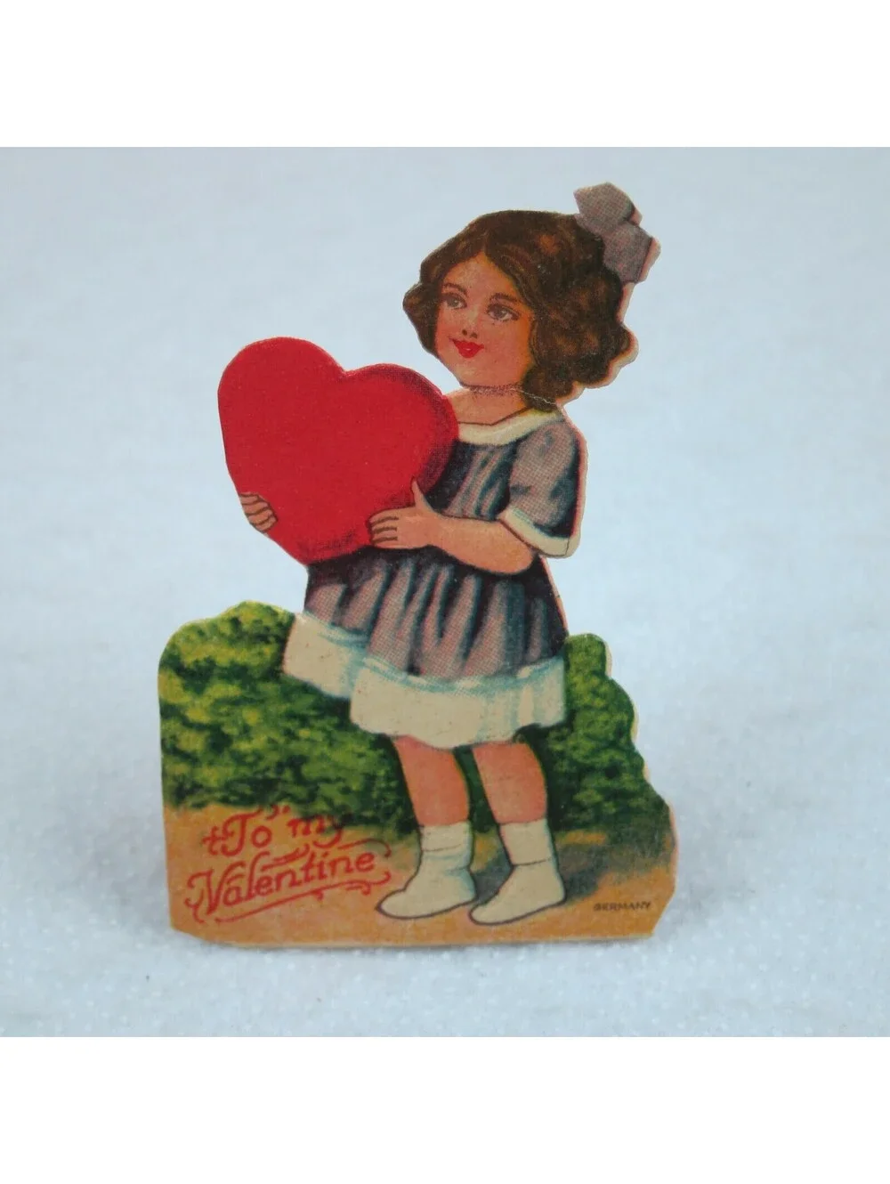 Vintage Valentine Die Cut Stand Up Girl Purple Dress Hold Heart 1920-30s Germany